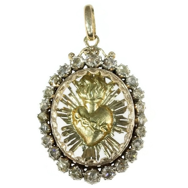 Antique Dutch Victorian pendant locket sacred heart with rose cut diamonds